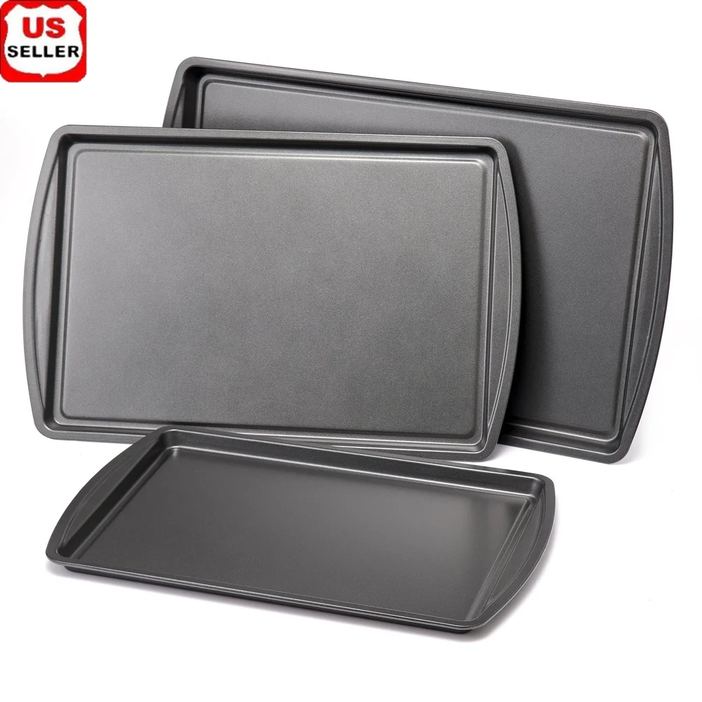 3PC Nonstick Cookie Sheet Set Durable Steel Construction Easy Release Perfect Baking Tasks