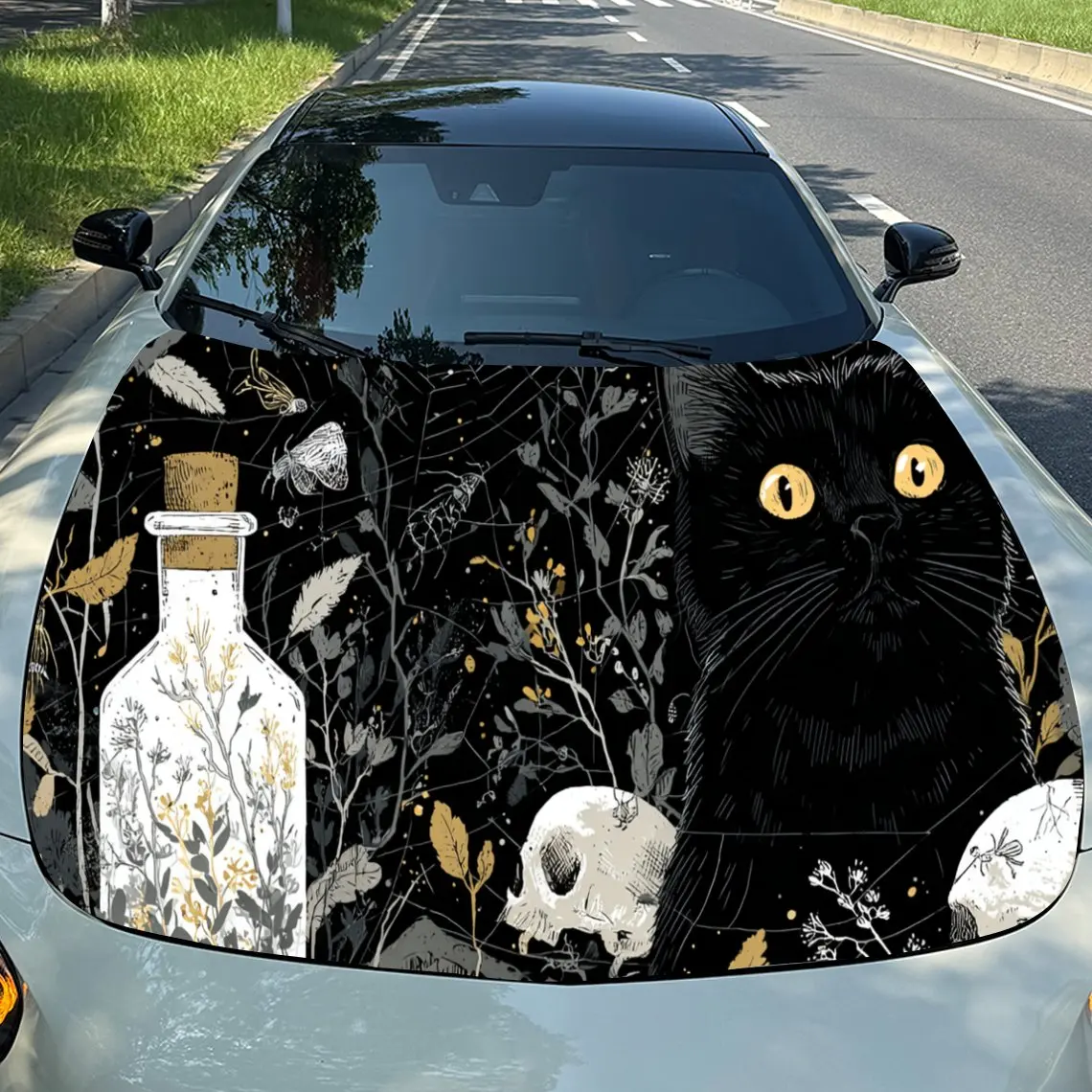 

Mysterious Black - Themed Skull & Bottle Car Hood Stickers - Self-Adhesive, Waterproof and Durable Vinyl Wrap, Decorate And Prot