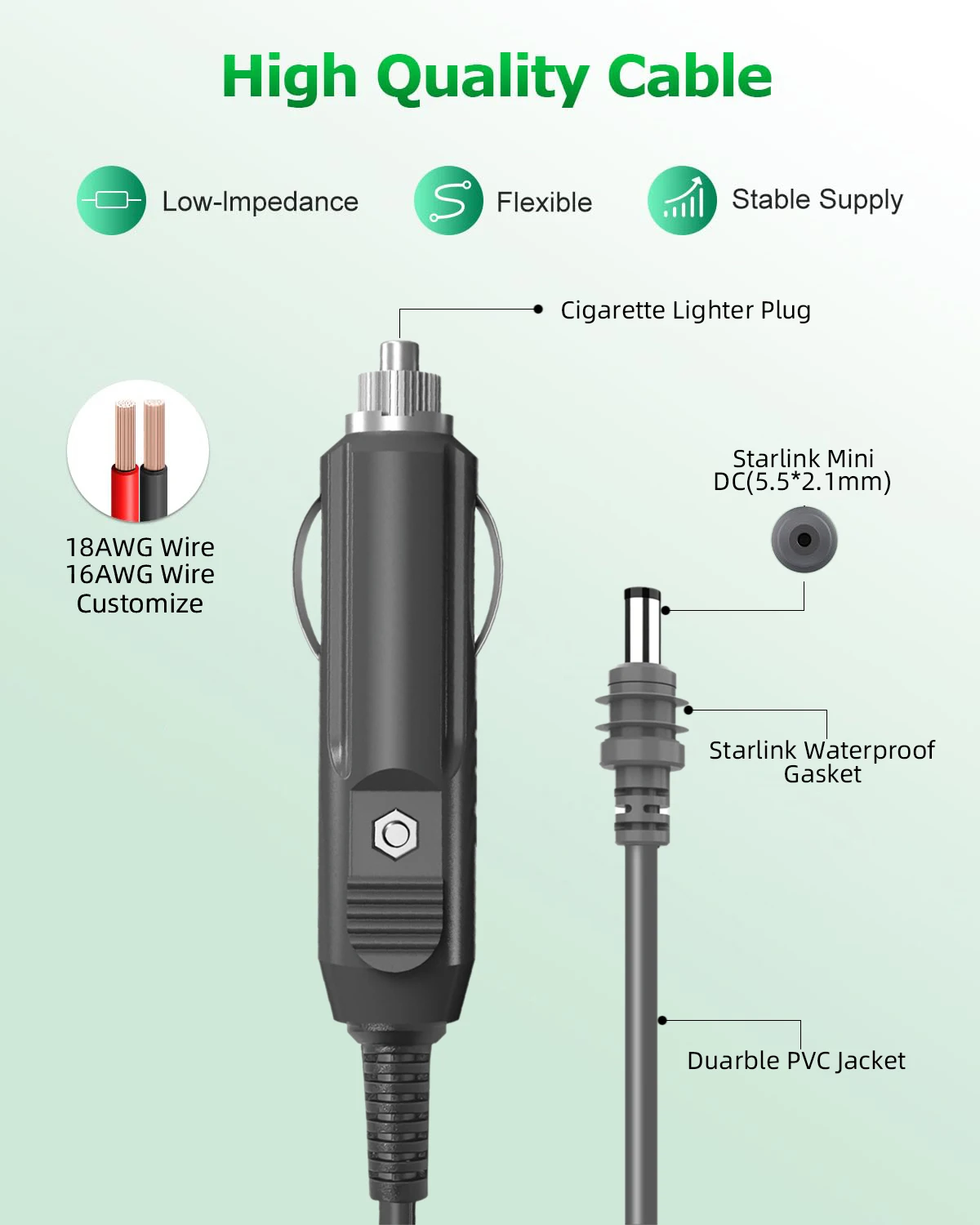 DC Car Charger Auto Power Supply 18AWG Cable Waterproof DC to Car Cigarette Lighter Male Cable Suitable for Starlink Mini