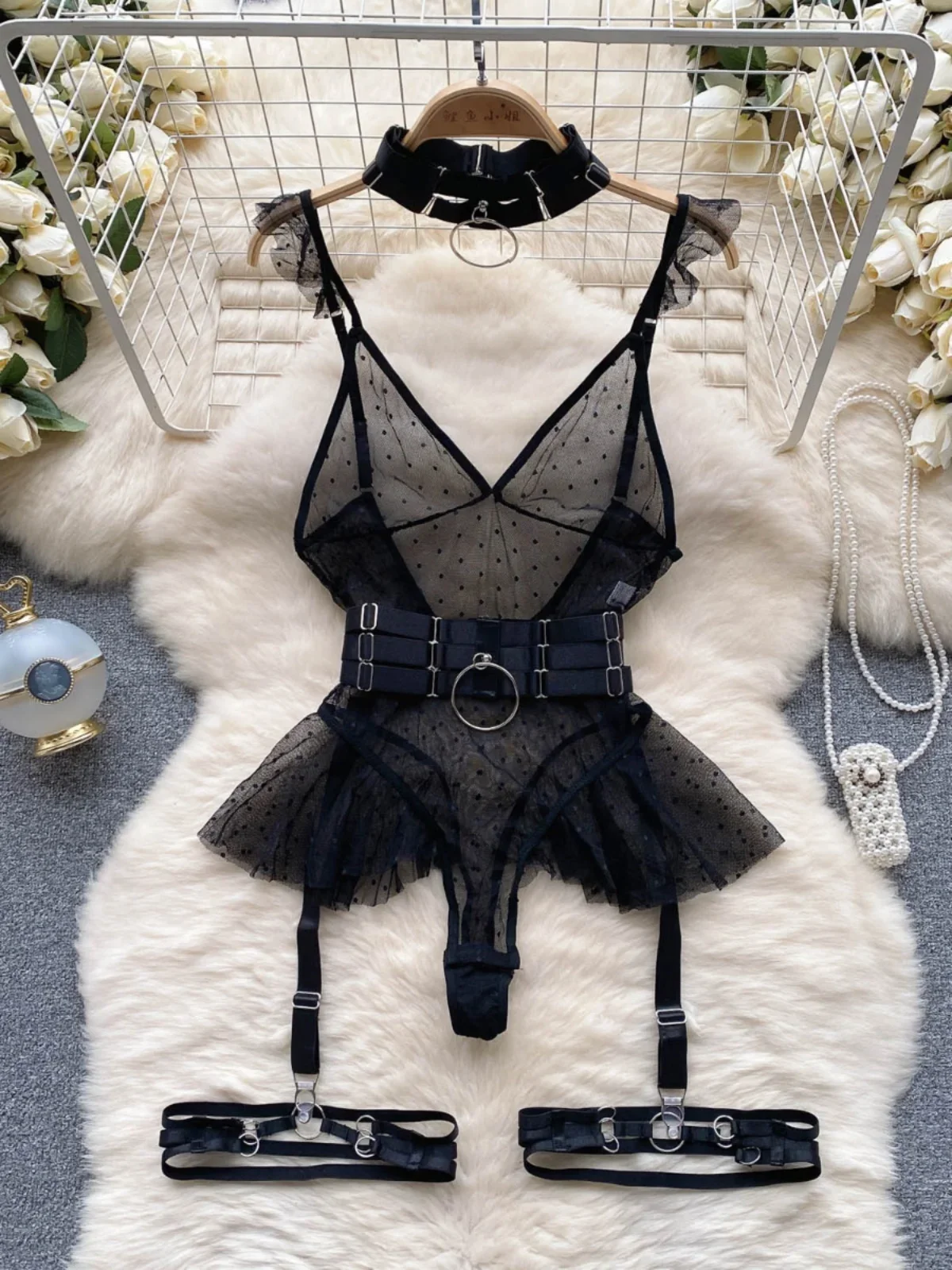 

trendy Girl Sexy Mesh Bottom Strap V-neck one-piece Top bodysuit women's Slimming Waist Ruffle Hemp Vest Jumpsuit