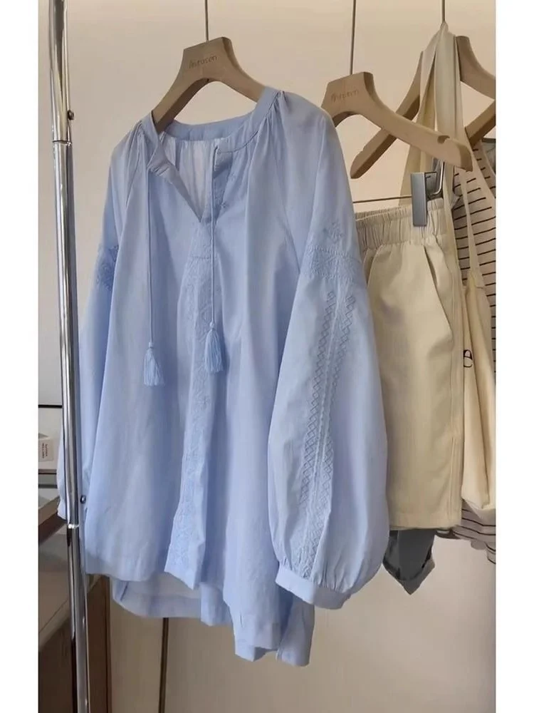 

plus Size Women's irt V-Ne Long Sve Loose Fit Trendy Age-Defng Top for Autumn Casual Wear Pure Color Commute Sle
