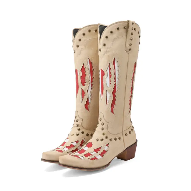 Botas de vaquero del oeste huecas remachadas, botines de media pantorrilla con bloques de Color Retro bordados, tacón grueso hasta el muslo, Botas femeninas