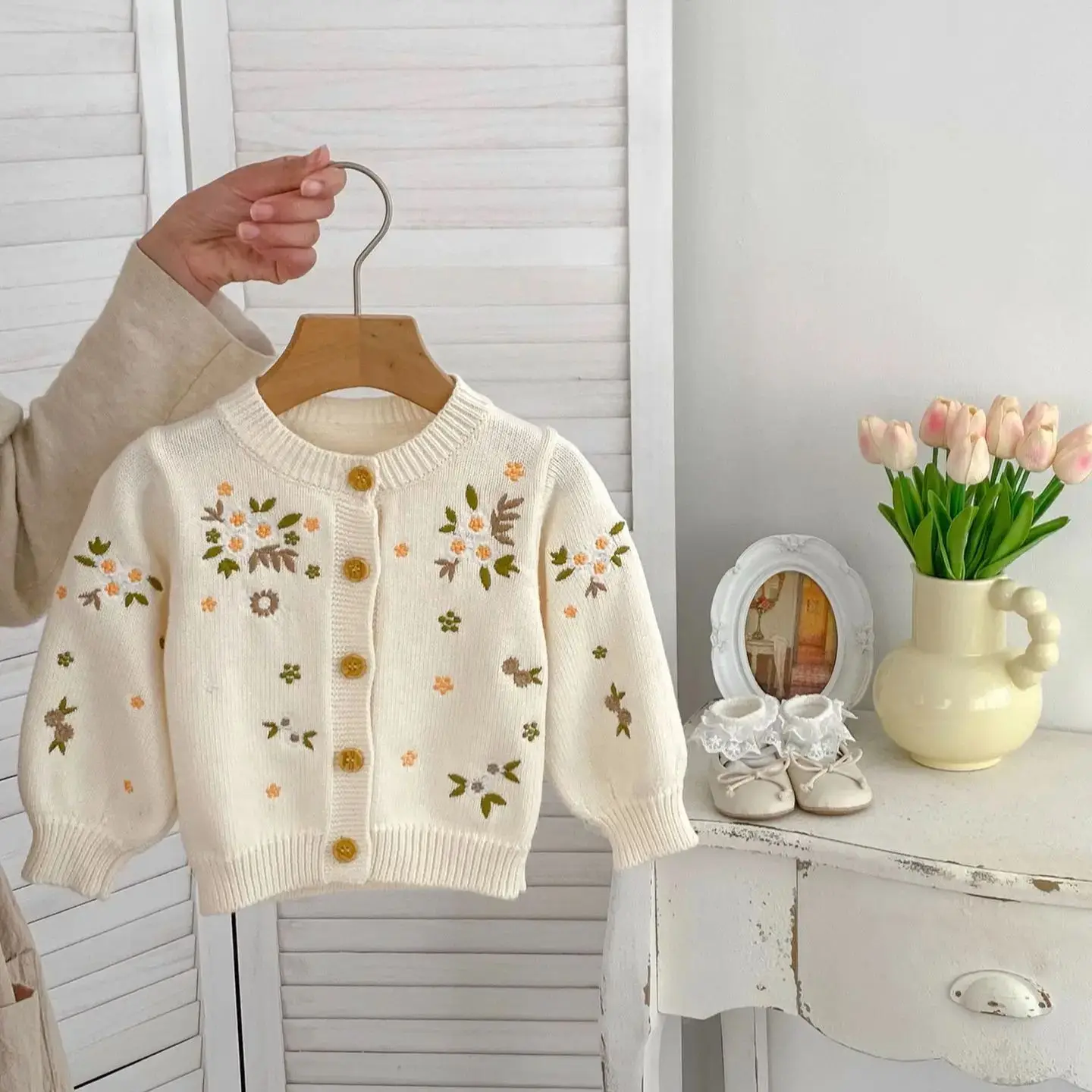 Baby Sweater Coat Toddler Floral Embroidery Knitted Cardigan Autumn Korean Kids Clothes Cotton Baby Girls Cute Sweater Cardigan