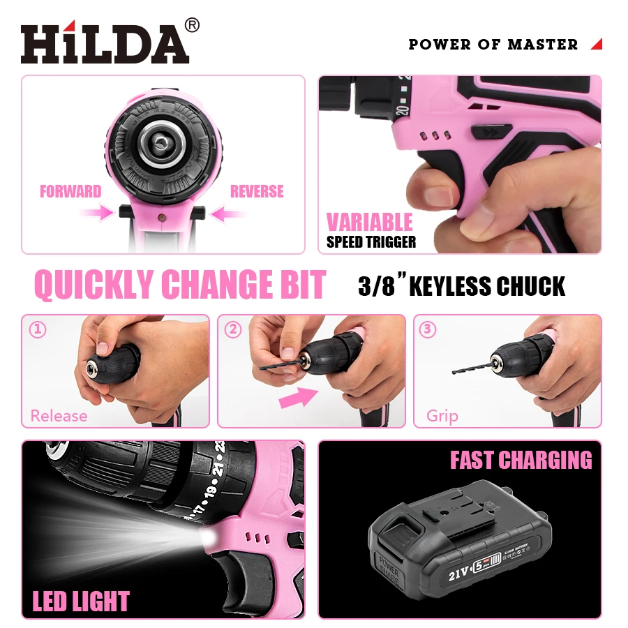 HILDA 21V Pink Drill Electric Drill Electric Screwdriver  Cordless Drill Mini Wireless Power Tools Lithium-Ion Battery