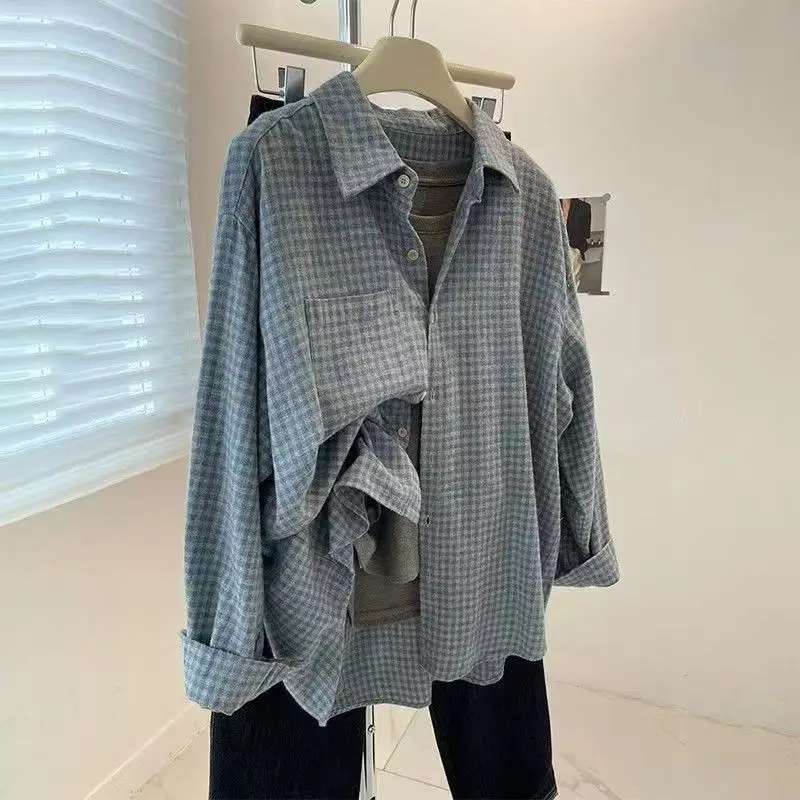 Nouveau rétro col rabattu loisirs bleu irt veste femmes chemise ample vêtements d'extérieur décontractés superposition à la mode femmes haut