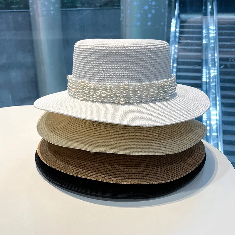 2023 New Flat Top Straw Hat Pearl Decoration Leisure Summer Sunscreen Hat Women\'s Fashionable Beach Boater Hat Gifts