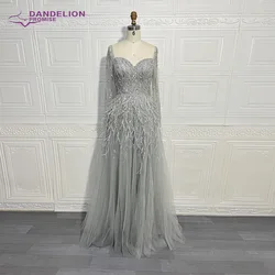 Luxury Beaded Green  Feathers A-Line Evening Dress 2023 Sweetheart Long Sleeves For Women Formal Party Gown