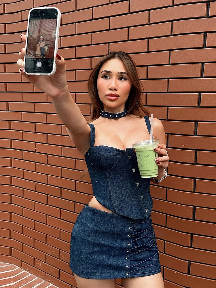 

Комплект из 2 предметов Nibber Hottie Denim: женский асимметричный топ на одной пуговице с драпировкой + юбка-карандаш на молнии, сексуальный облегающий уличный стиль