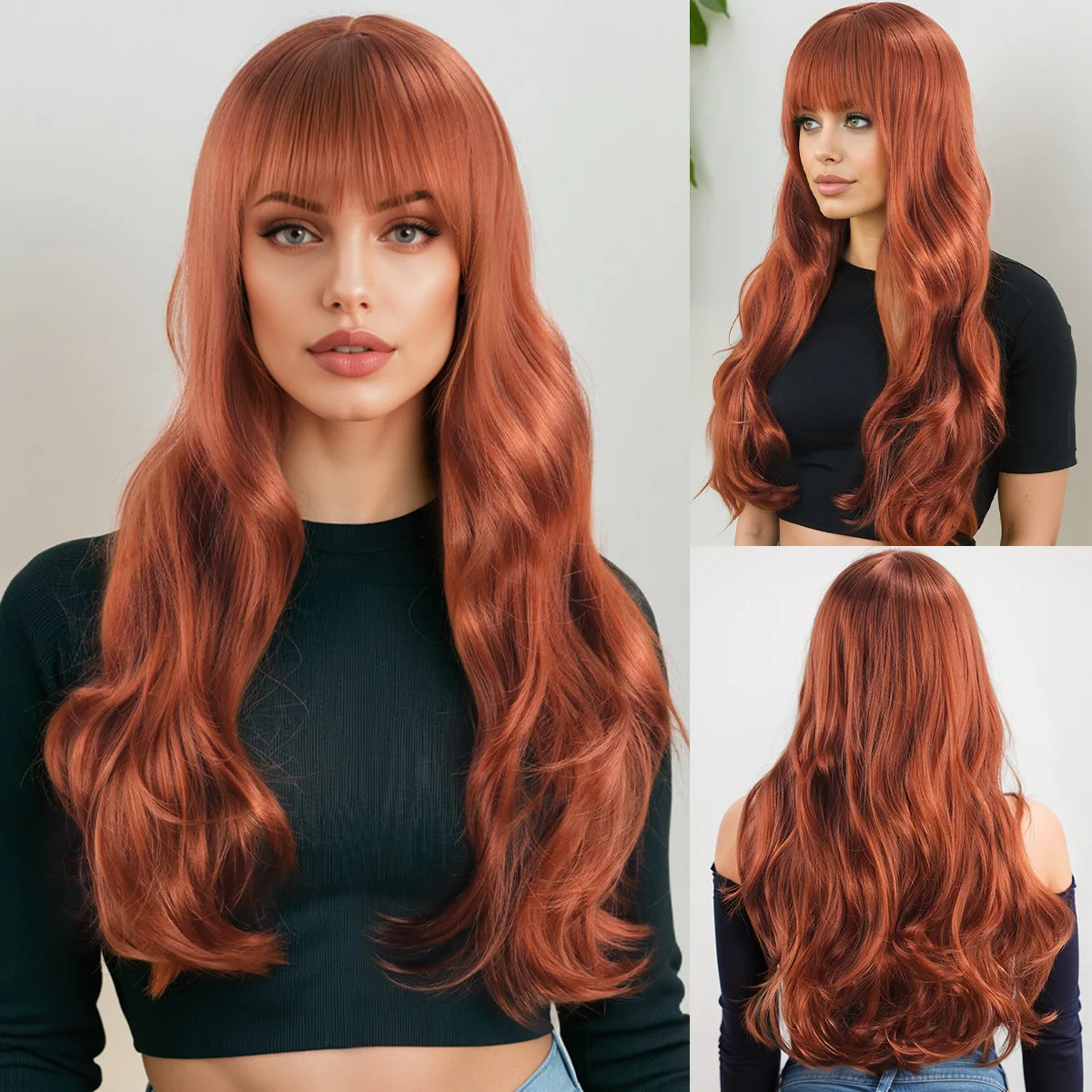 Synthetic Long Wavy Wig with Full Bangs Natural Volume Stylish Curly Hair Wig for Women Daily Cosplay Party Wear Complete Cap