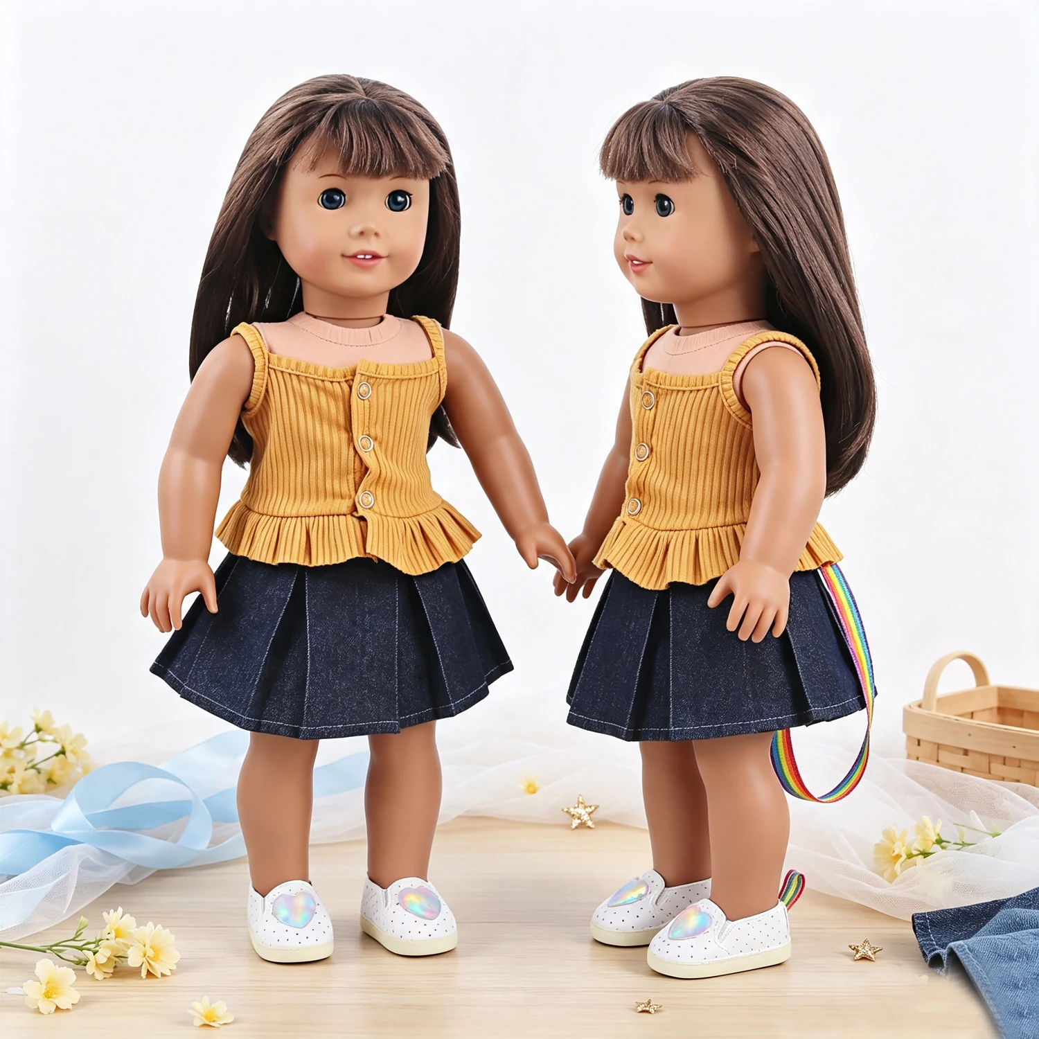 Doll Clothes Set Ribbed Cami Top Denim Pleated Skirt + Heart Shoes Outfit Fit 18 Inch American & OG Girl Dolls Toy Accessories