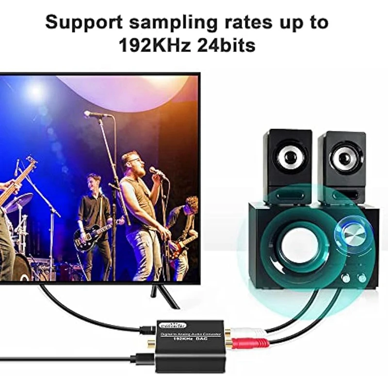 Schwarzer digital-Analog-Audio-Konverter, 192 kHz DAC, optisch und koaxial zu analogem Stereo, L/R RCA + 3,2 Fuß optisches/koaxiales Kabel