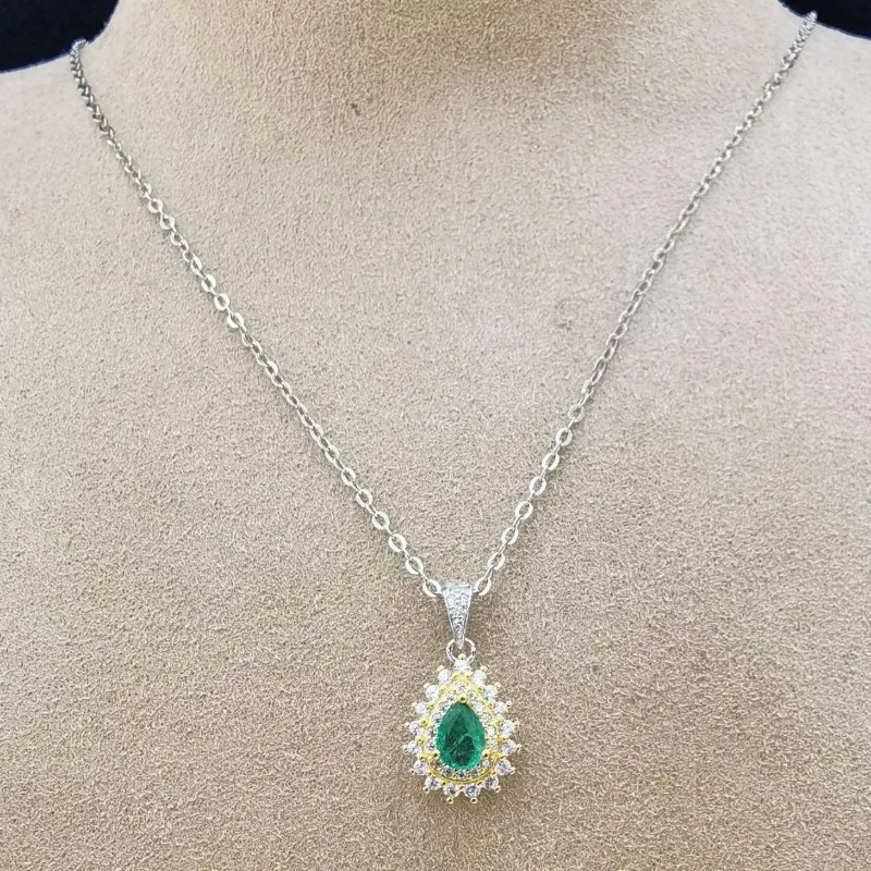 SACE GEMS New 925 Sterling Silver 4*6mm Natual Emerald Pendant Necklace for Women Engagement Cocktail Party Fine Jewelry Gift