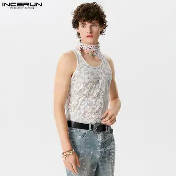 INCERUN 남성용 캐주얼 스타일 상의, 할로우 레이스 프린트 디자인 조끼, 심플 남성 편안한 민소매 탱크 탑, S-5XL 패션, 신제품