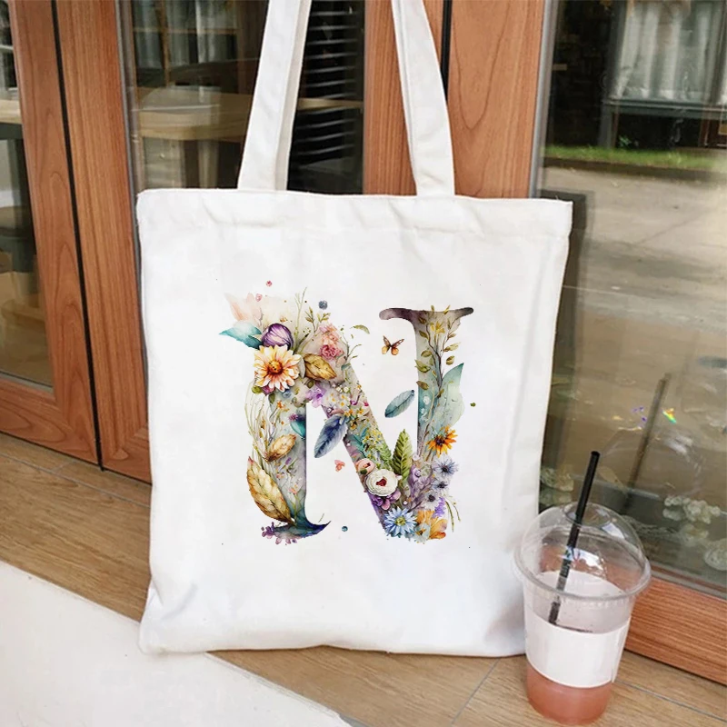 Torebki damskie o dużej pojemności 26, alfabet A-Z Torby na ramię Shopper Canvas Letter Fashion Flower Trend Białe torby z grubej bawełny