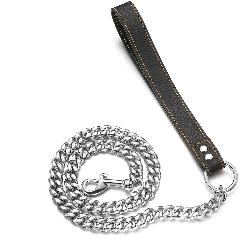 11mm/15mm Silver Stainless Steel Curb Cuban Link Chain Leash with Leather Handle for Small Medium Large Dogs 3FT/4FT/5FT