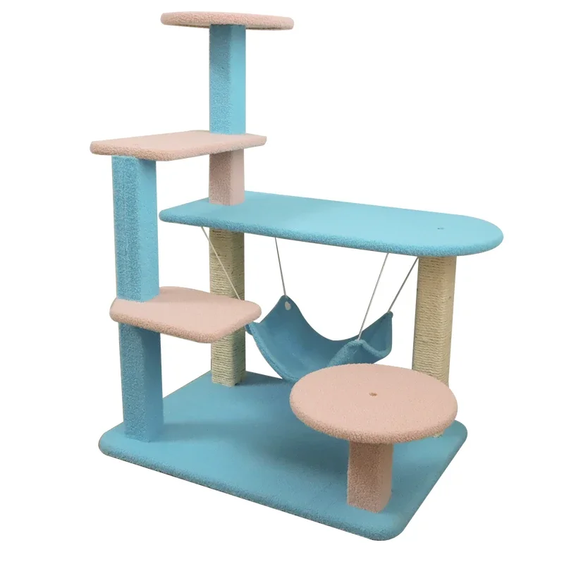 Luxury wooden cat tower skin friendly teddy velvet  sisal rope corrugated cat scratcher tree climbing frame