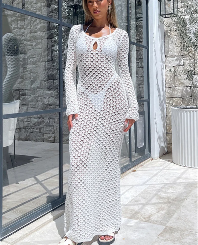 Vestido de playa ajustado de manga larga para mujer, traje de baño Sexy de punto de ganchillo para cubrir Bikini, bata de baño con protección solar