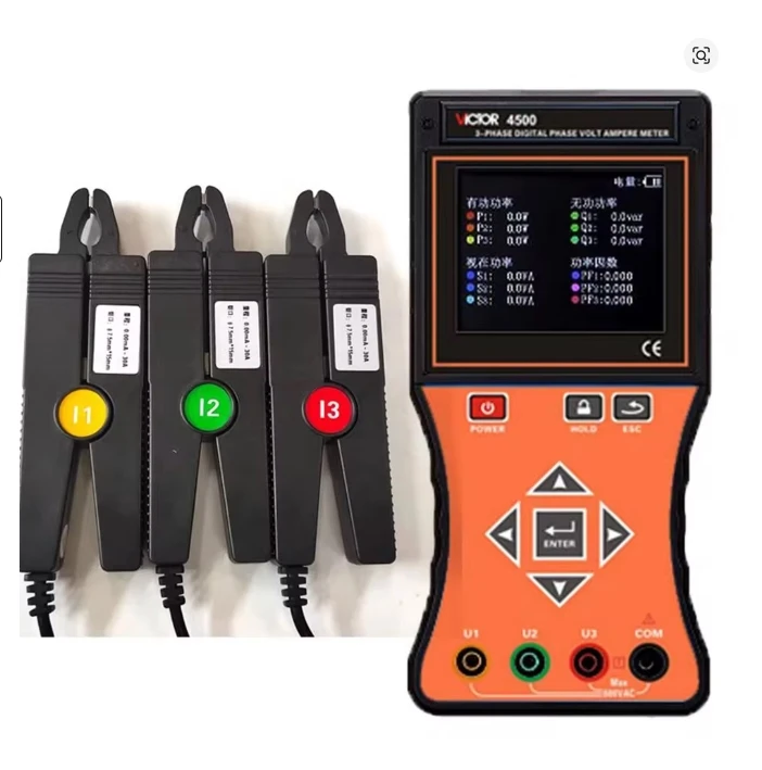 VICTOR 3-Phase Digital Phase Volt Ampere Meter 3.5-Inch Color Screen for Field Test Phase Voltammeter 600V 0mA-20A 12kW
