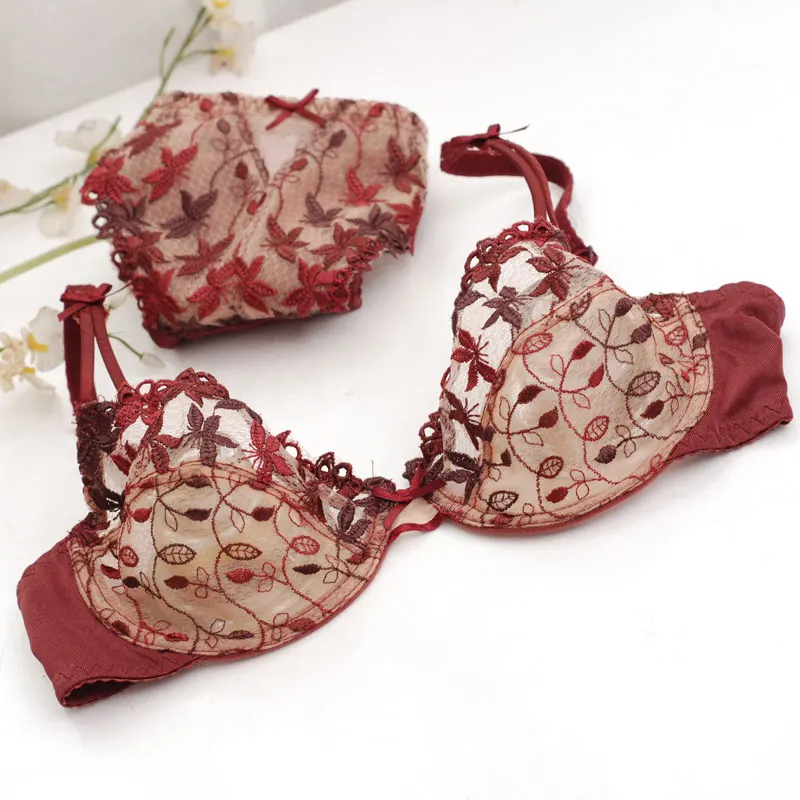 MOYISU Christmas Burgundy Lingerie Set Burgundy Sexy Mesh Lace Push-up Adjusting Bra Embroidery Ultra Thin Bra for Women
