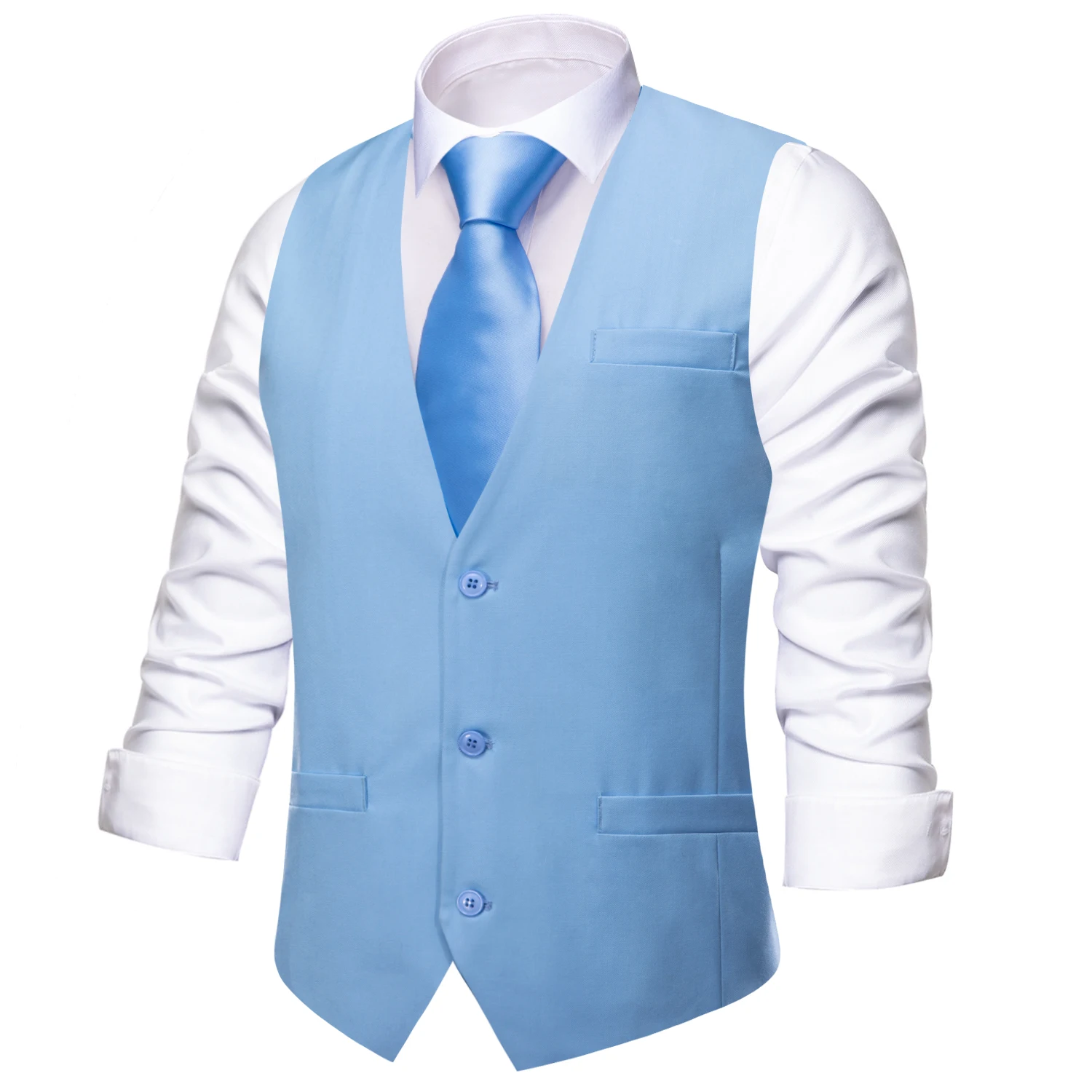 Light Blue Men Silk Vest Wedding Solid TR Slim Waistcoat Neck Tie Hanky Cufflinks Brooch Set for Men Suit Party Designer Hi-Tie