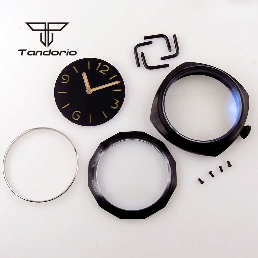 

47mm Black PVD Watch Case Glass Caseback Sandwich Dial Hands Fit ETA6497 6498 ST3600 3620 Hand Winding Movement Watch Parts