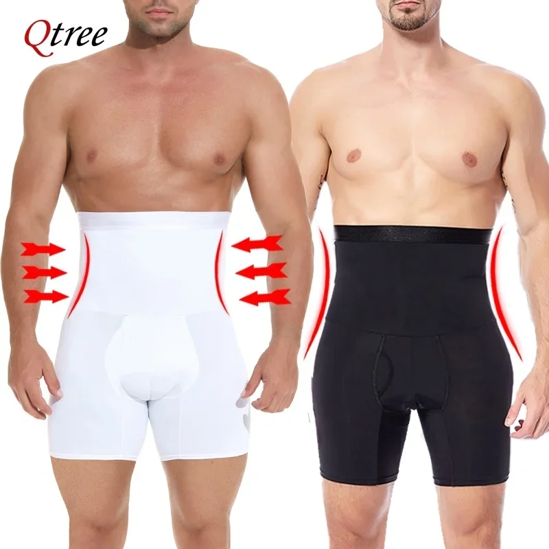 Qtree masculino cintura alta emagrecimento cintura trainer shorts controle de compressão perna longa respirável roupa interior sem costura corpo shaper calcinha