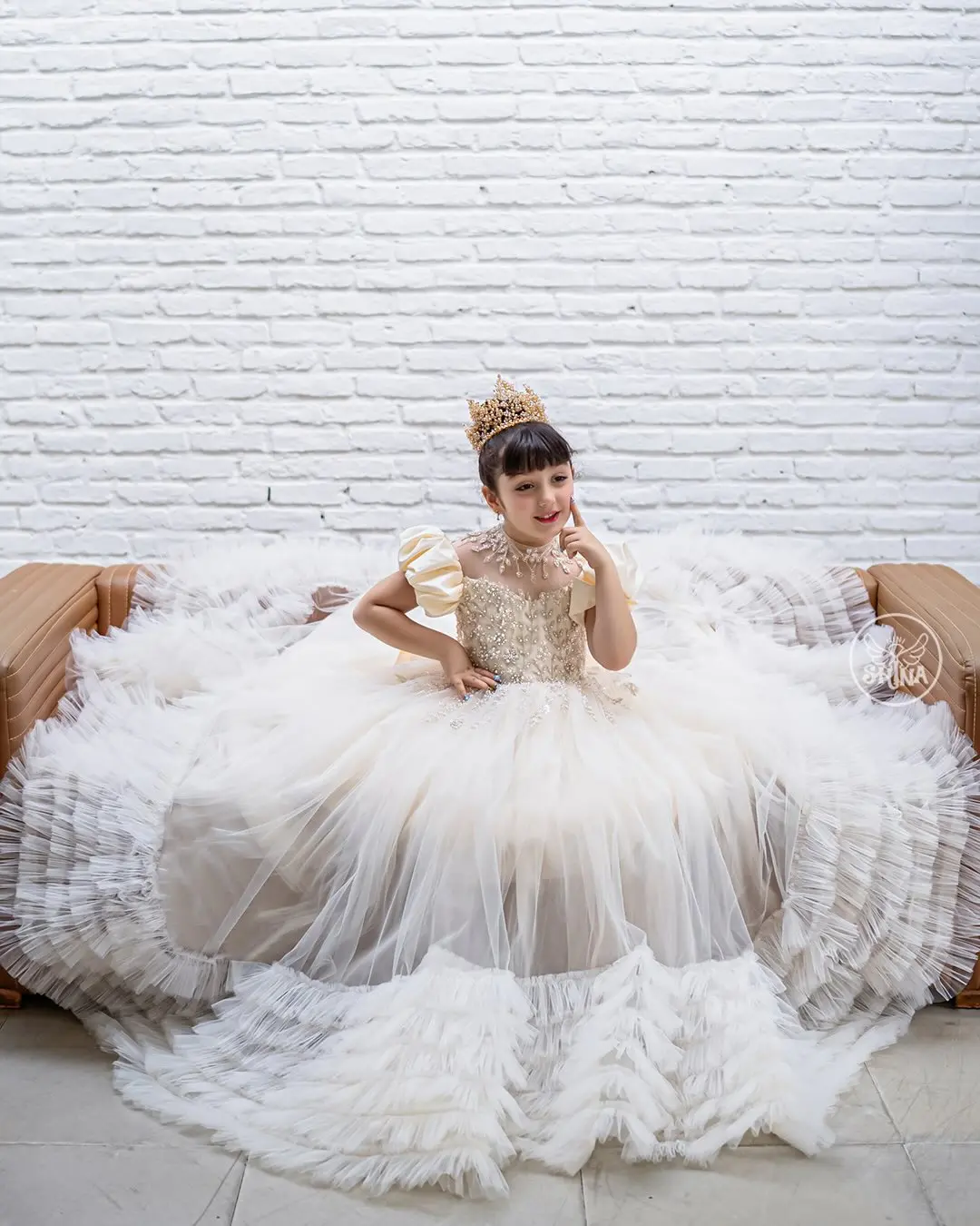 Princess Flower Girl Dresses for Wedding Beading with Bow Tulle Floor Lenght Kids Party Birthday First Communion Gown Custom