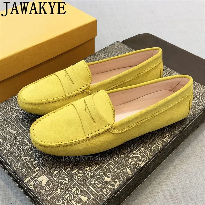 JAWAKYE mocassini piatti da uomo scarpe da passeggio estive scarpe Casual in pelle scamosciata suola in gomma bianca poco profonda muli Soft Slip on scarpe da uomo Low Top