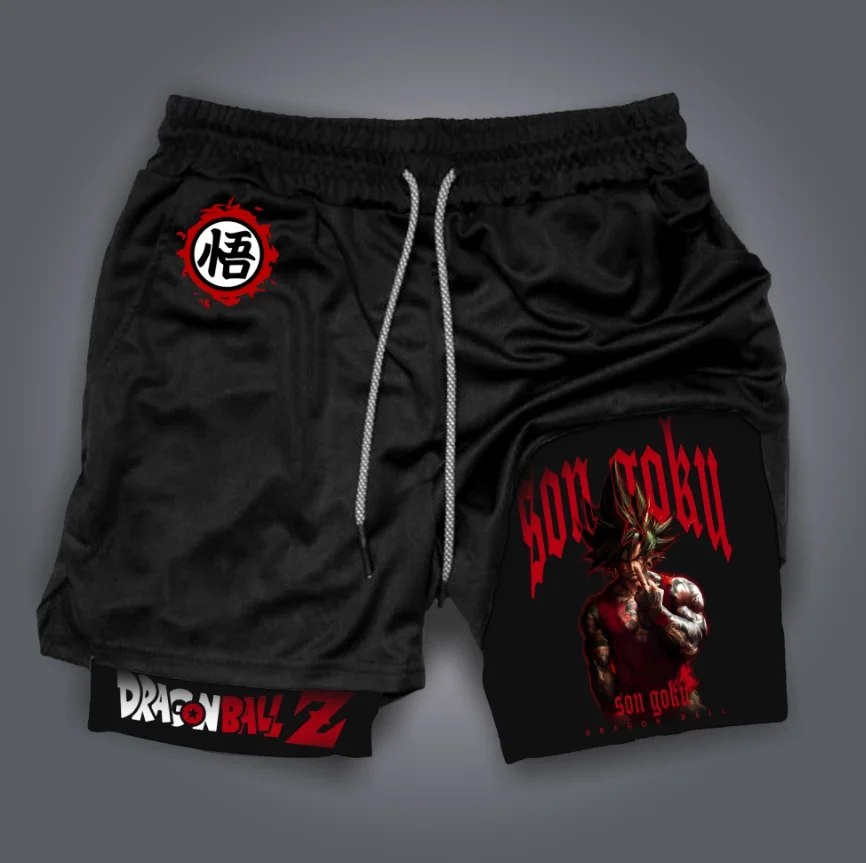 Męskie szorty letnie Dragon Ball, sportowe, oddychające, odprowadzające pot, dwuwarstwowe, streetwear z nadrukiem postaci z anime.