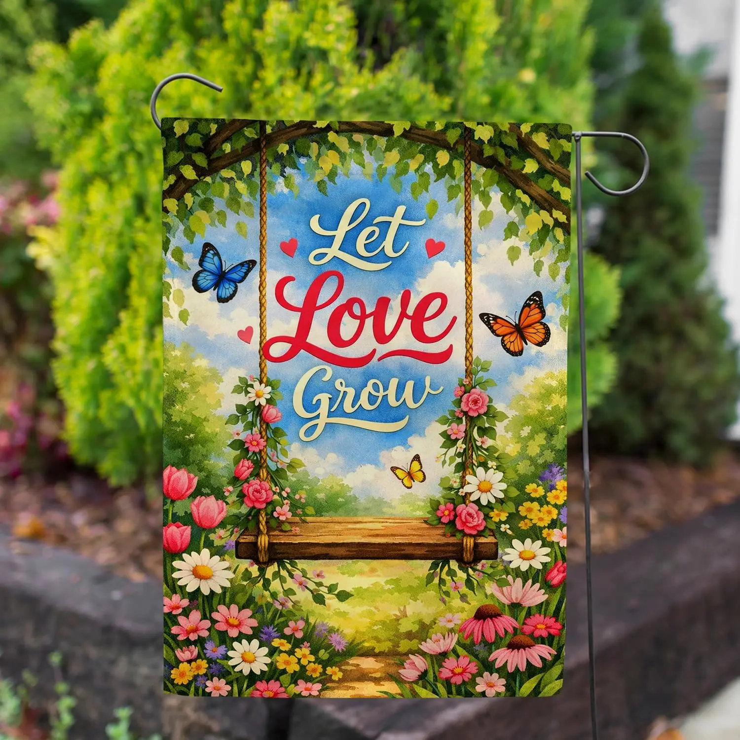 America Forever Let Love Grow Garden Flag, 12.5 x 18 inch Double Sided, Butterfly Flower Garden Banner, Spring Inspirational kkz