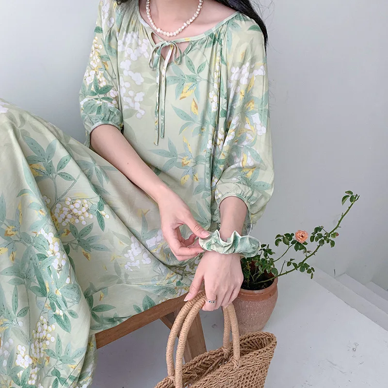 Viscose Women Long Nightgown Spring Summer Sleepwear Half Sleeve Nightdress Loungewear Loose Casual Nightwear Home Dressing Gown