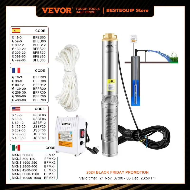 VEVOR Deep Well Submersible Pump Stainless Steel Water Pump 370W/550W/750W/1100W Large Flow Rate High Head Lift Extracting Water