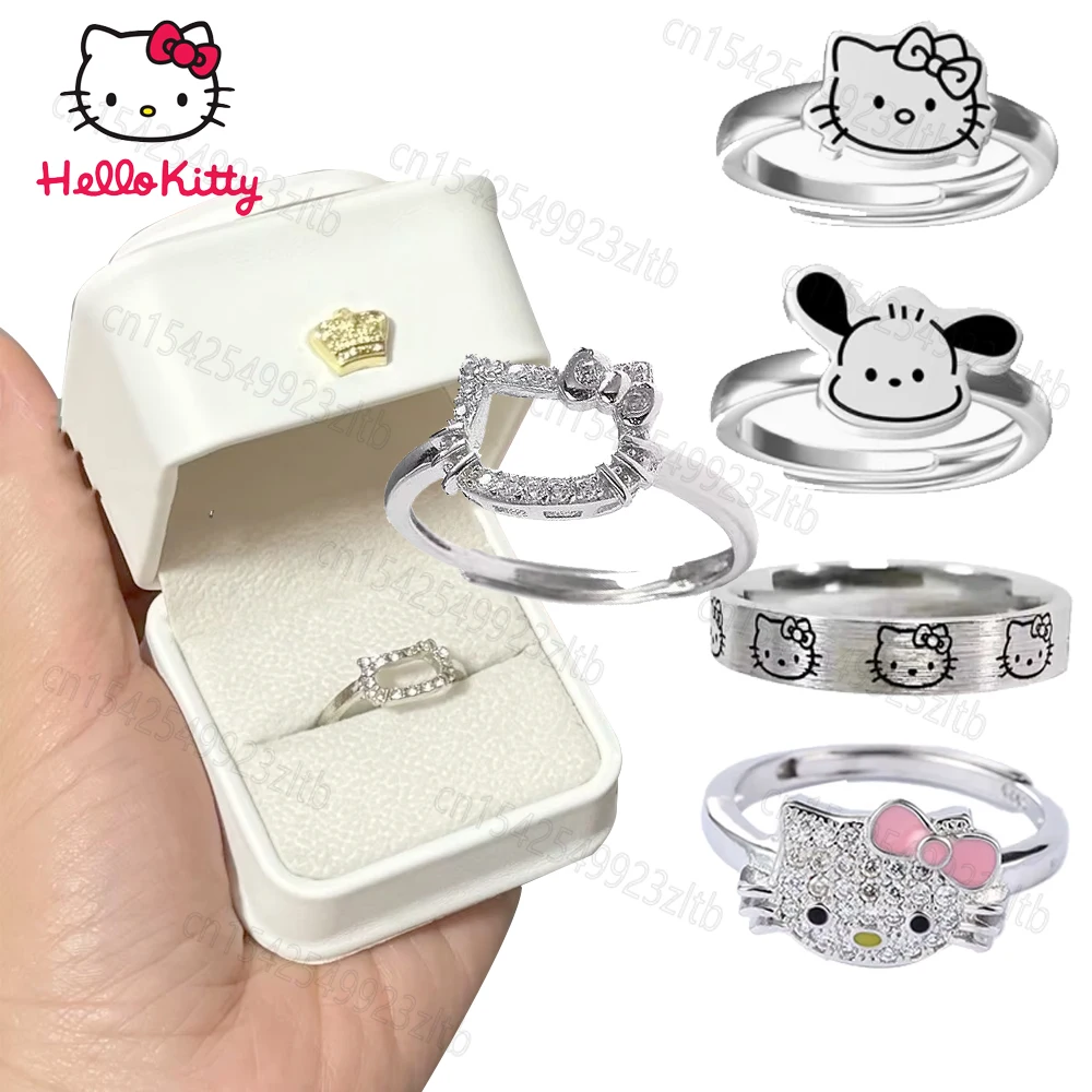 Kawaii Sanrio Hello Kitty Pochacco Ring for Girl Women Cartoon Cute Silver Color Rings Accessories Bestie Couple Rings Gift