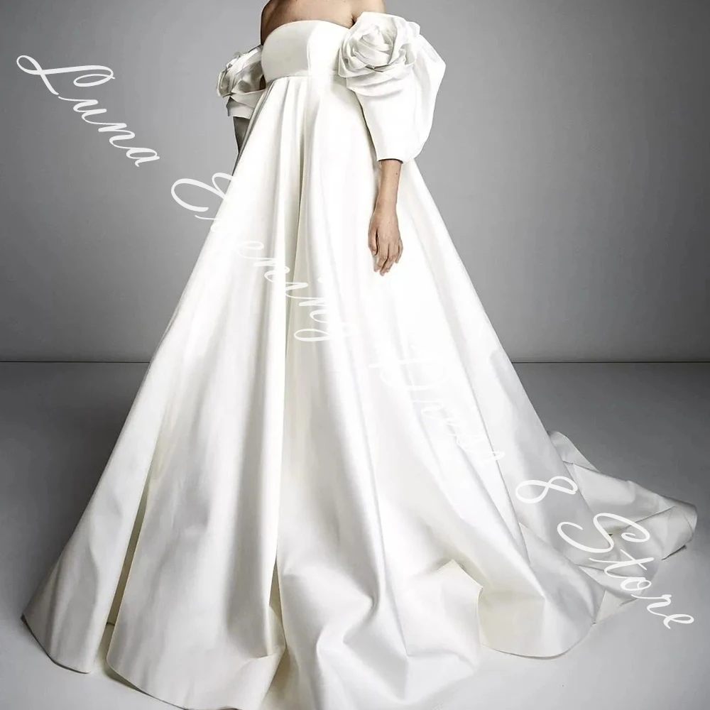 Customized Satin A-Line Off the Shoulder Flowers Evening Dress Strapless Floor Length 3/4 Sleeves White Panel Train Fashion