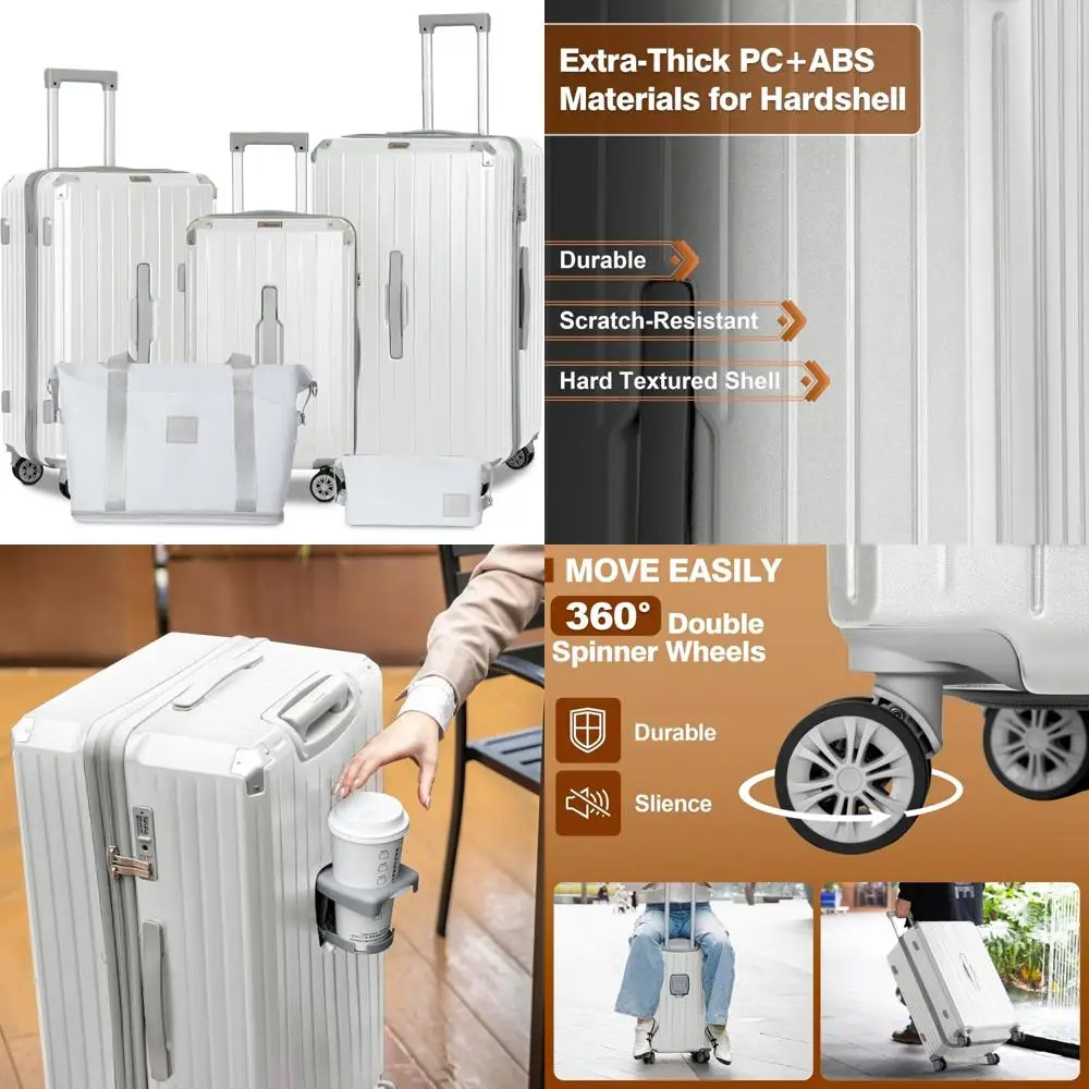 

5-piece hardside spinner luggage set with tsa lock, cup holder, and durable pc+abs construction in white