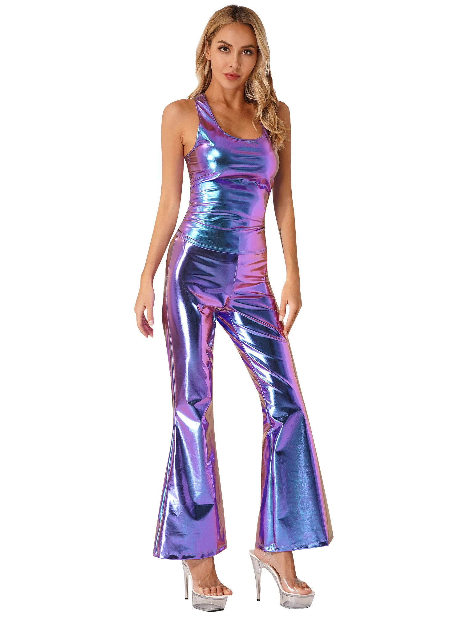 Women Disco Diva Costume Sleeveless Tank Top with Elastic Waistband Flare Pants 70s Shiny Foxy Lady Disco Retro Dancing Clubwear