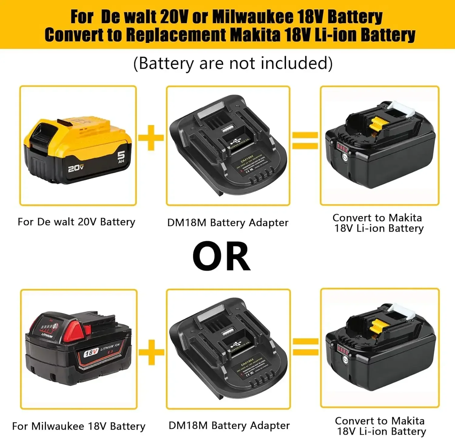 Battery Adapter with USB for Dewalt 20V Battery for Milwaukee 18V Lithium Battery Converter to For Makita 18V Power Tool DM18M