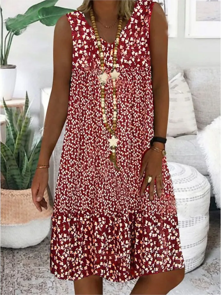 

New 2025 Summer Print V-neck Sleeveless Loose Midi Dress Women Casual A-line Dresses Female Elegant Fashion Beach Ladies Clothes