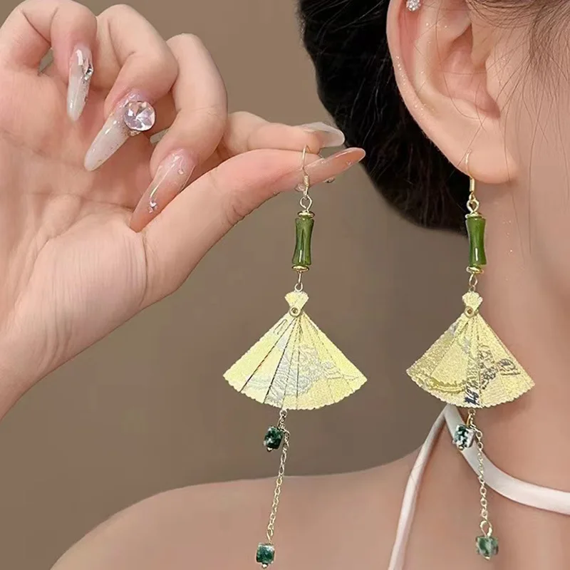 

New Chinese-Style Bamboo-Patterned Fan-Shaped Stud Earrings Trendy Waterdrop Butterfly Drop Earrings Retro Versatile Earrings
