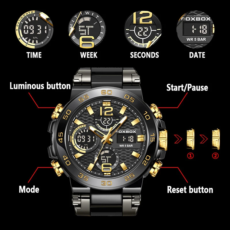 FOXBOX Top Brand Sports Watch For Man Quartz Digital Military Wristwatch 50M Waterproof Luminous Men Watch Reloj Hombre 2024 New