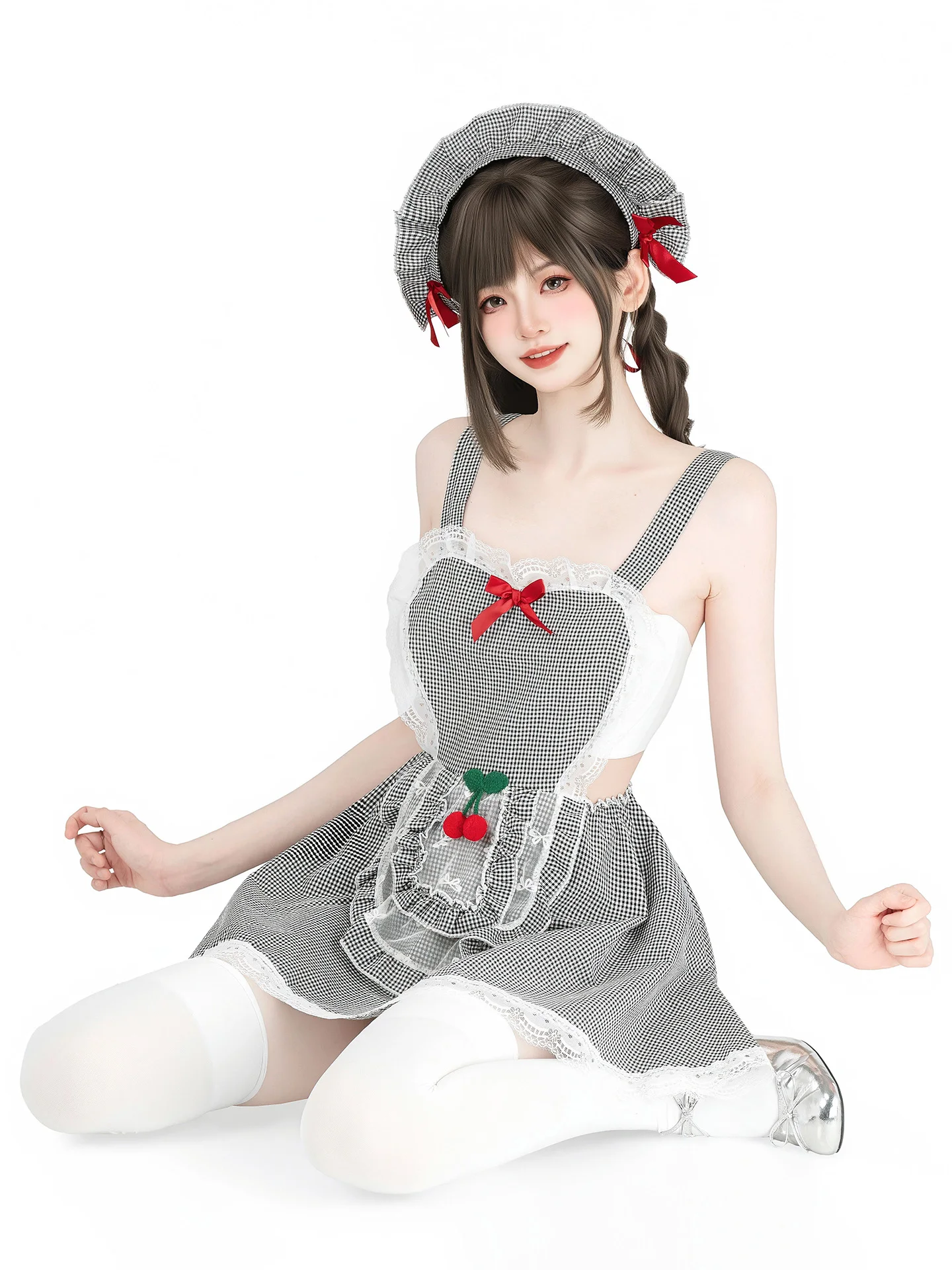スイートチェリープリントギンガムチェック柄中空アウトブライズメイドドレスエプロン付きホーム服セクシーな中空アウトギンガムチェック柄メイドスタイルサマーナイトガウン