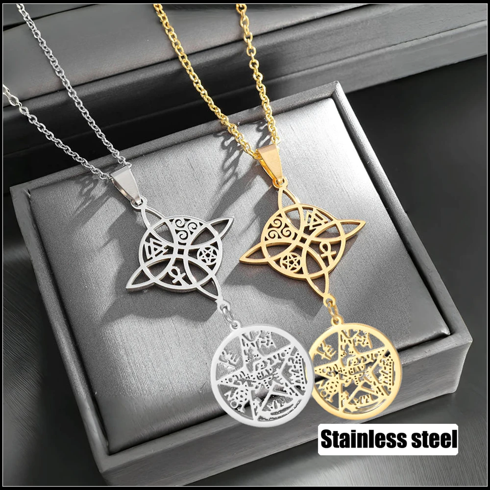 Collar de nudo de bruja Wicca de acero inoxidable, pentáculo, tetragrammaton, sello de nombre de Dios, colgante, cadena para el cuello, amuleto a prueba de agua, joyería
