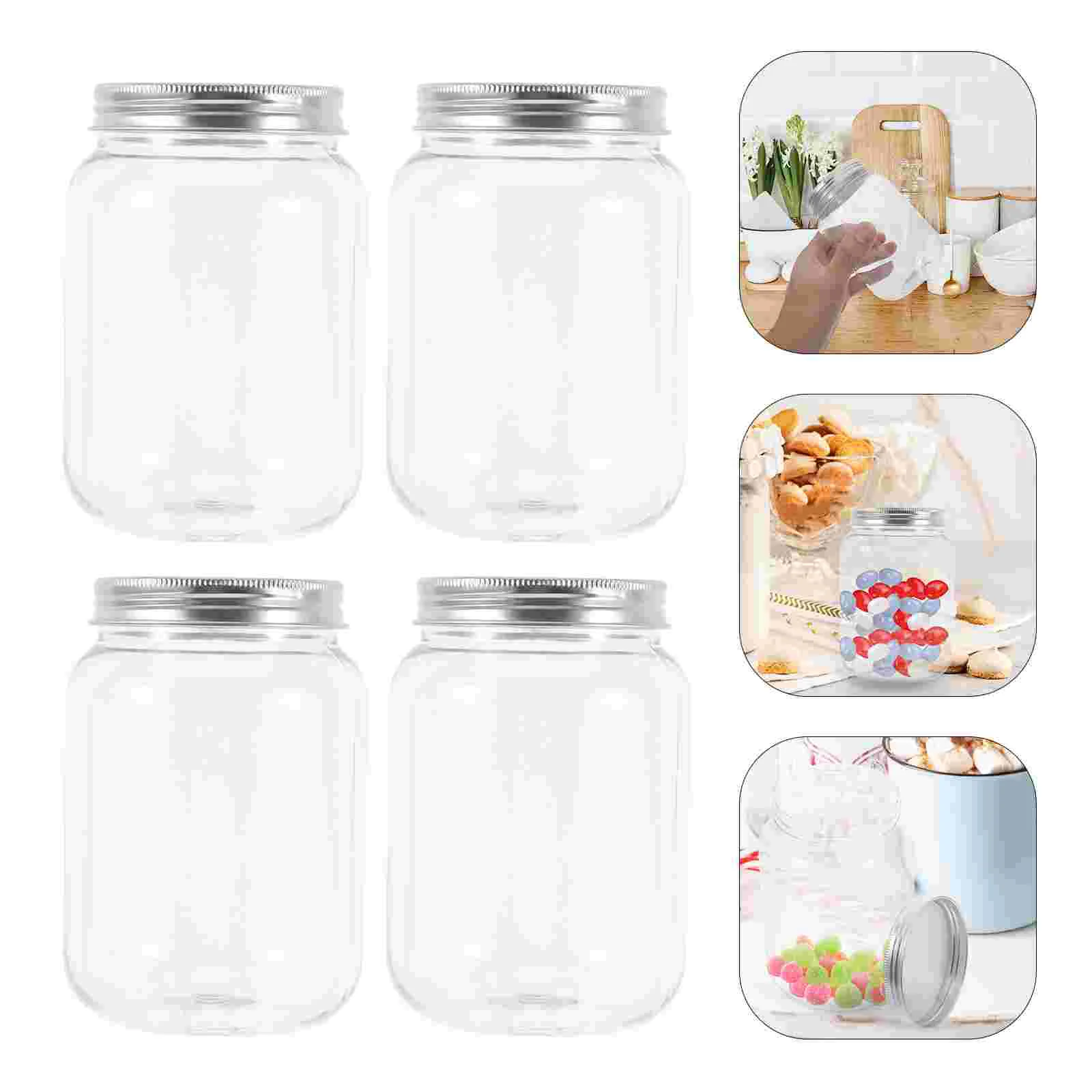 

4pcs Plastic Jars Aluminum Lid Clear Airtight Sealing Kitchen Storage Containers Spice Labels Dry Food ganizers Household