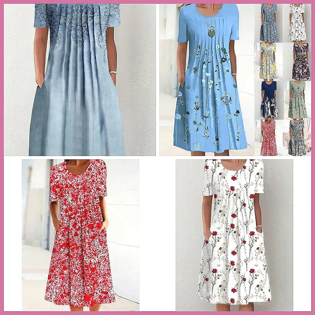

Women's Floral Print Summer Dress Elegant Loose Fit Long Dress with Pockets