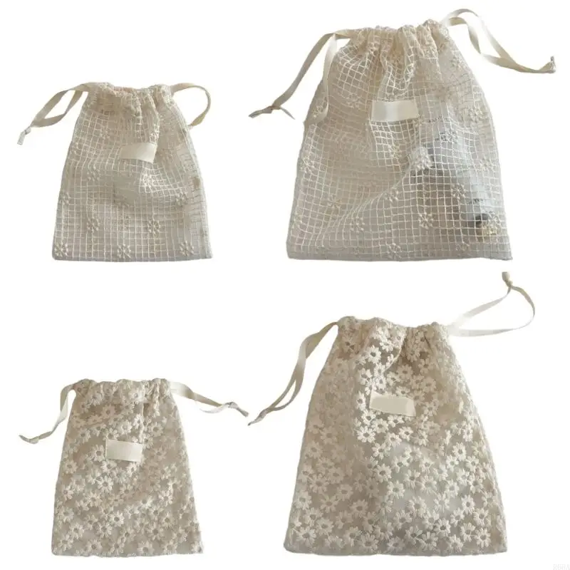 

R66A Meshes Cosmetic Bag with Embroidery Floral Pattern And Secure Pull String Closure