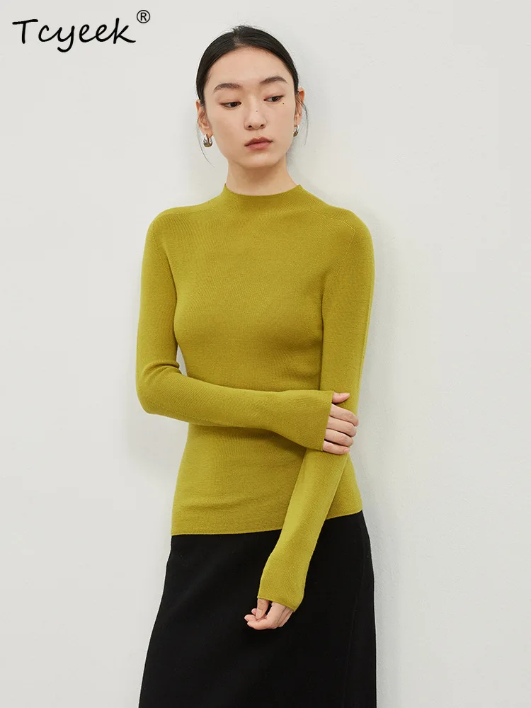 

Tcyeek, 100%Merino Wool Silk Elegant Sweaters, Women Mock Neck Casual Fashion, Slim Knit Bottom Tops, Autumn Winter T47032QM
