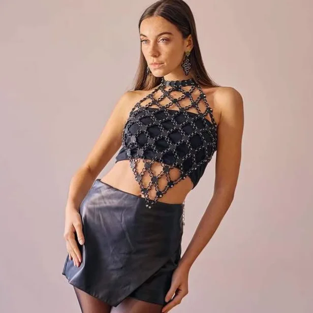 أسود مطرزة جولة القرص المرقعة الأزياء الرسن بوستير سترة أعلى مع سلسلة الجسم #2