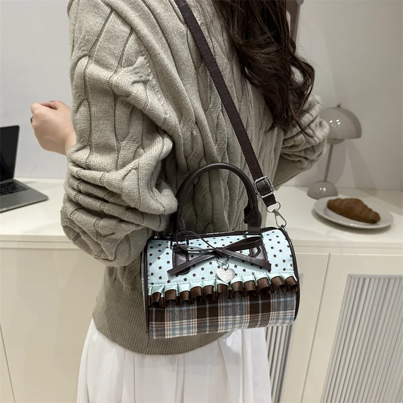 Korean Bow Pillow Bag Women Star Checkered Handbag Blue Brown Pleated Edge Shoulder Bag Cute Heart-shaped Pendant Crossbody Bag view 4