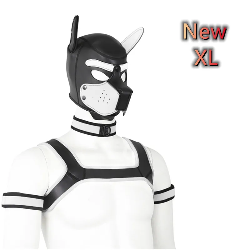 New XL Puppy Cosplay 4pcs/set Neoprene Fetish Full Head Hood for Men Exotic Dog Roleplay Party Mask Hood with Male Chest Strap