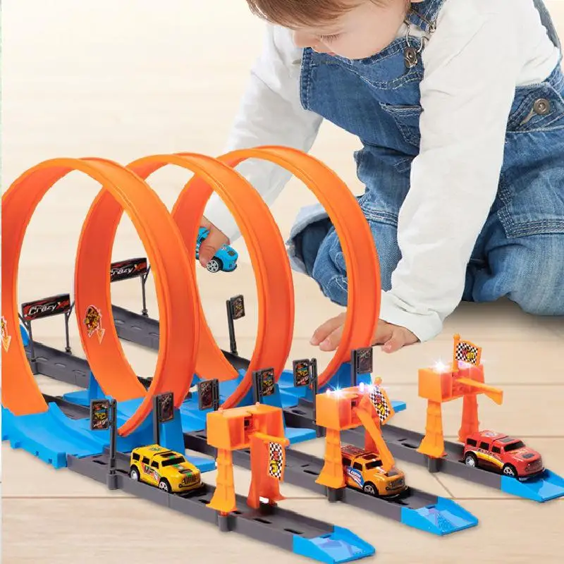 Track Katapult Schiene Auto Spielzeug Für Kinder Stunt Geschwindigkeit Doppel Auto Track Diy Montiert Schiene Kits Legierung Auto Metall Racing kinder Spielzeug